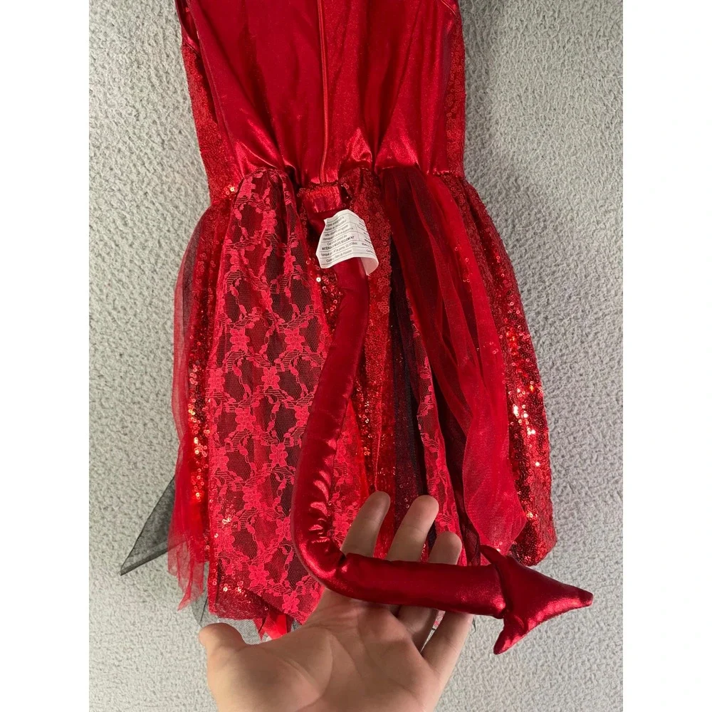 Spirit Halloween Girls Red Devil Costume Dress‎ Size S Sparkle Lace Tail